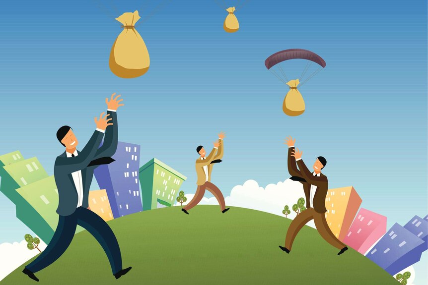 An illustration of businessmen catching sacks of money from the sky.