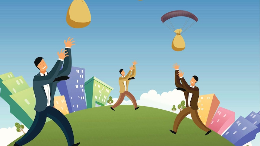 An illustration of businessmen catching sacks of money from the sky.