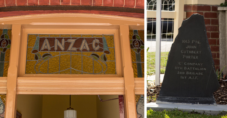 Anzac Cottage's entrance and the memorial where a service is held every year.