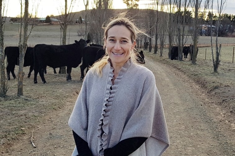 A smiling woman stands in the middle of a road in a grey shawl. A small number of cattle stand behind her.