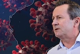 Premier Mark McGowan in front of a virus background