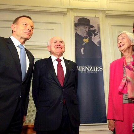 John Howard, Prime Minister Tony Abbott and Menzies' daughter Heather Henderson at the exhibition launch.