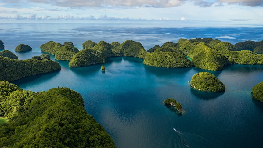 Aerial image of a series of lush green islands in a blue ocean. Clouds meet the horizon. 