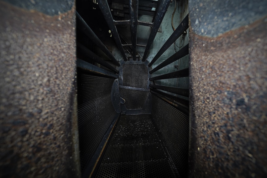 A metal cage in the dark.