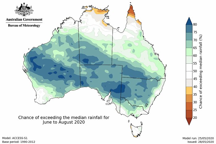 Map of Australia showing 60 to 80 % chance of above median rainfall in a band from the central west coast to the south east.