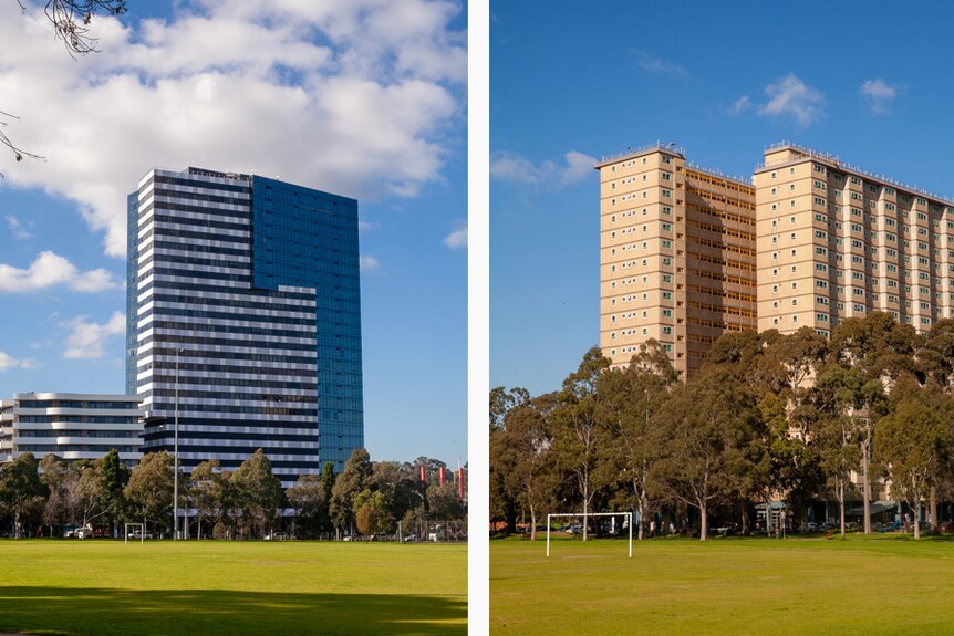 A diptych shows a contemporary residential tower on a sunny day, next to an aged 1970s public housing tower.