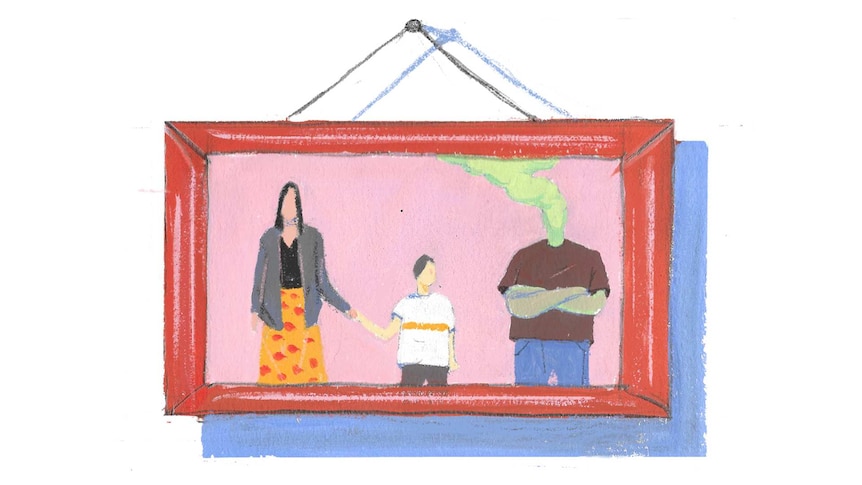 Drawing of a family photo on a wall, dad has toxic fumes around his head representing the effects of toxic masculinity.
