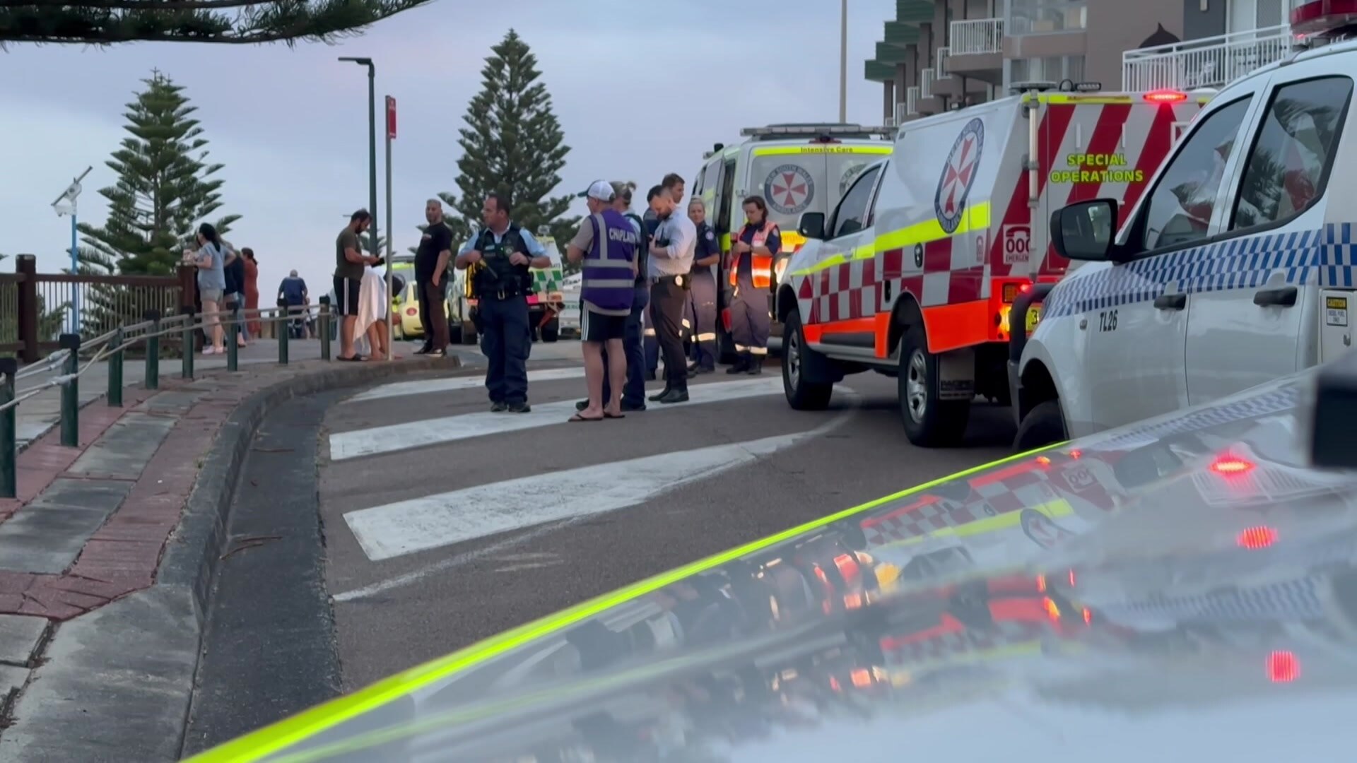 三个人在一排警车前交谈。