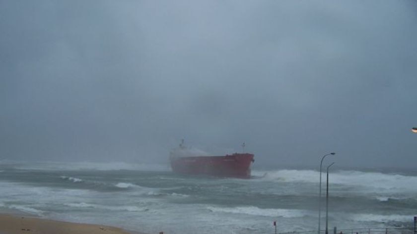 The Pasha Bulker aground on a reef off Nobbys Beach