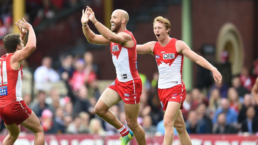 Sydney's co-captain Jarrad McVeigh celebrates a goal against West Coast at the SCG in April 2016.