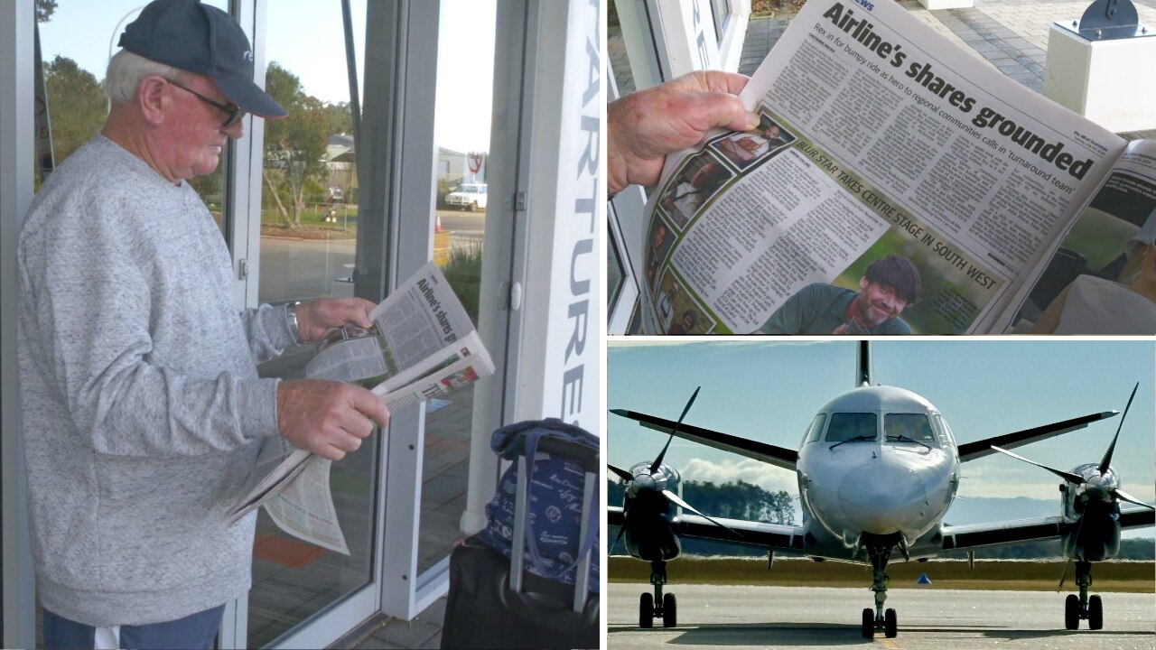 A composite image showing an older man reading a newspaper at an airport, a close-up of the paper, and a plane on the tarmac.