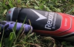Rexona lays among socks in a suburban park