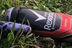 Rexona lays among socks in a suburban park
