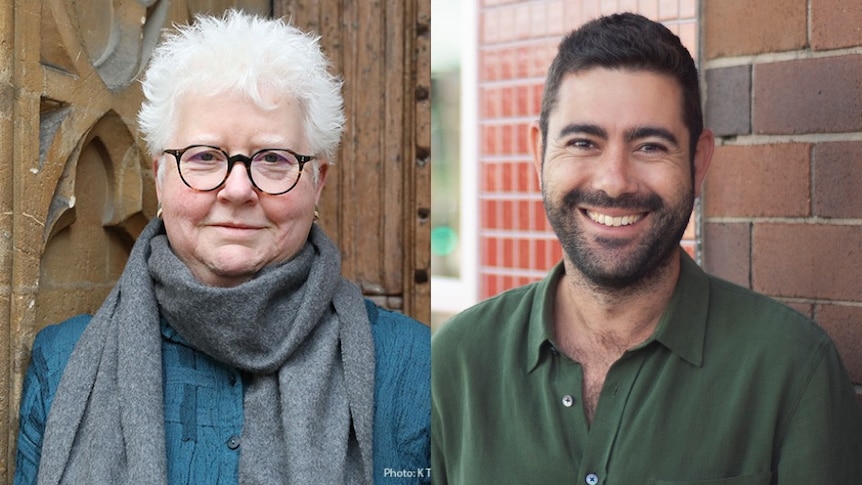 Image of writers Val McDermid in glasses with a grey scarf and Jonathan Seidler in a green top in front of a brick wall