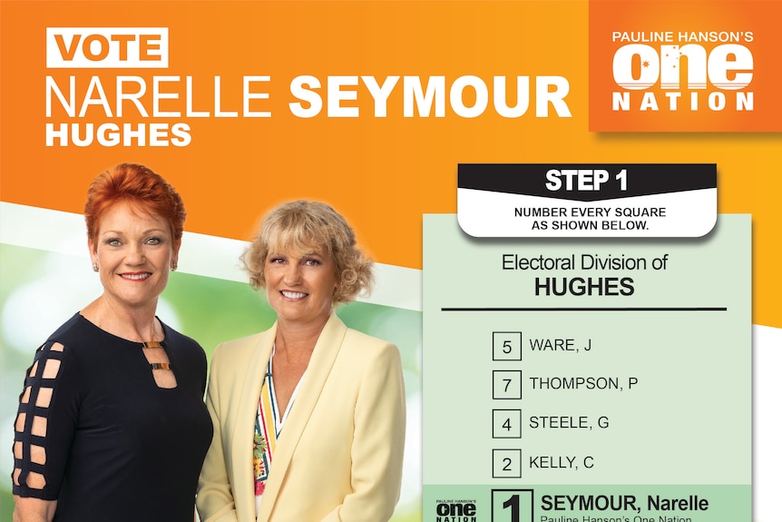 Pauline Hanson is pictured with another woman on an orange how-to-vote card.