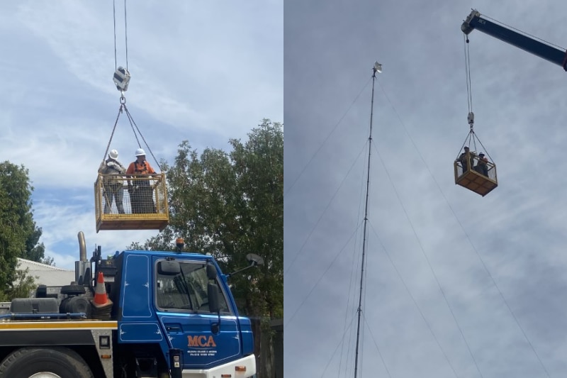 Left two men in a crane cage, right the cage being lifted out to a radio tower