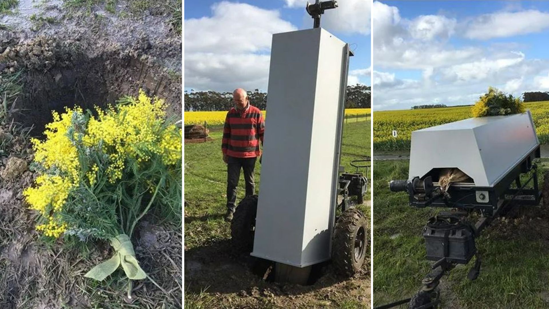 Three images, the first is a cylinder grave with yellow flowers beside it, and a white catafalque used to transport dead bodies