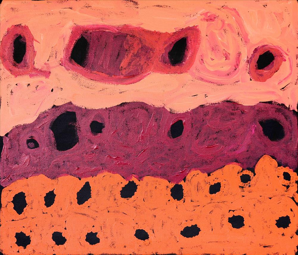 A painting with orange, red and black colours and circles.