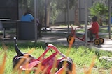 Child plays on tricycle in the distance at an Alice Springs homeless shelter
