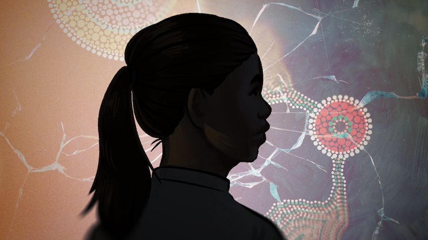 An illustration shows the silhouette of a young women in front of a background with dot paintings and cracked glass