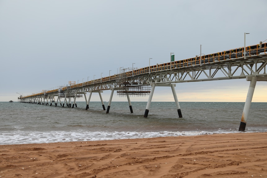 A conveyor belt extends into the ocean from a beach.