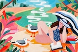 Colour collage illustration of a person reclining while reading a book on the beach, surrounded by nature and seagulls.