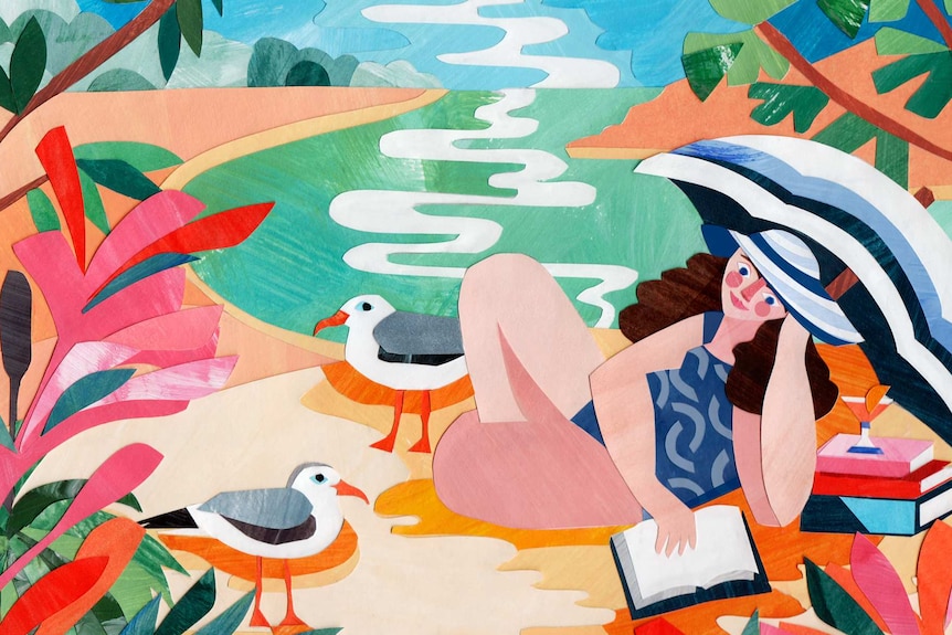 Colour collage illustration of a person reclining while reading a book on the beach, surrounded by nature and seagulls.