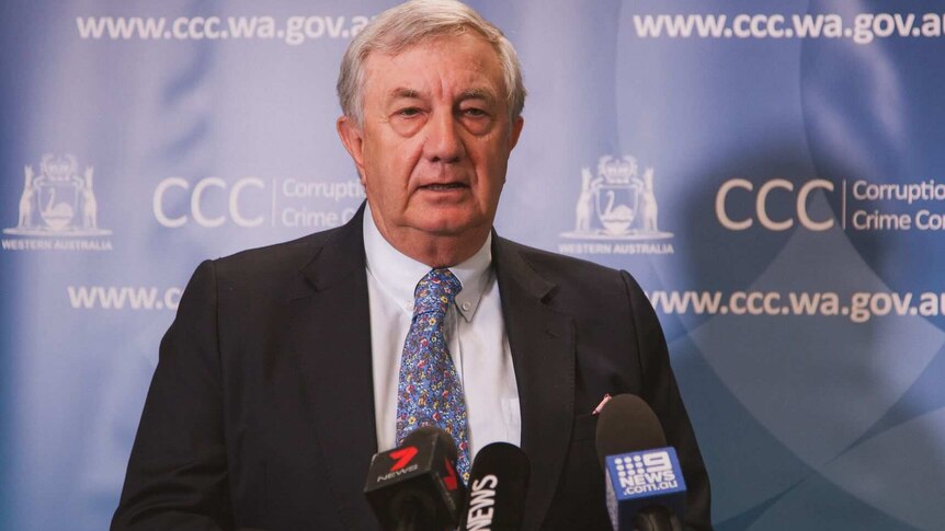 A mid shot of WA Corruption and Crime Commission head John McKechnie talking at a media conference.