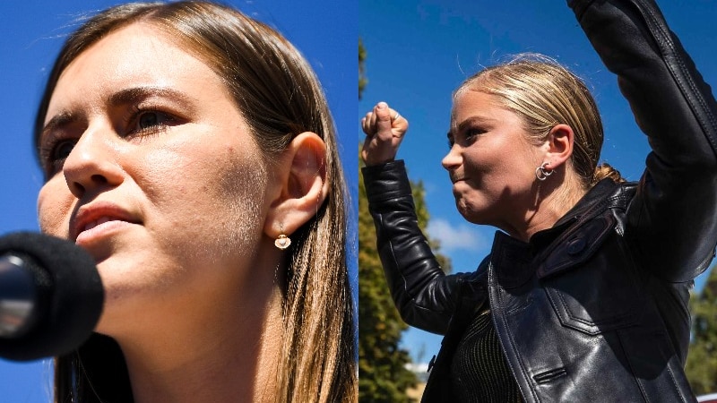 A composite image of two women, one in front of a microphone, the other with their fists raised in the air