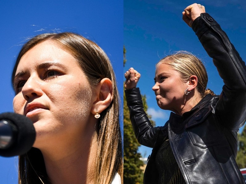 A composite image of two women, one in front of a microphone, the other with their fists raised in the air