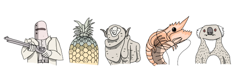 An illustration of Ned Kelly, a pineapple, a sheep, a prawn and a koala