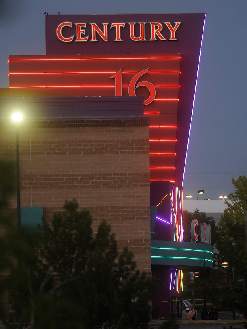The Century 16 Theatre in Aurora, Colorado which has colour neon signs on the building