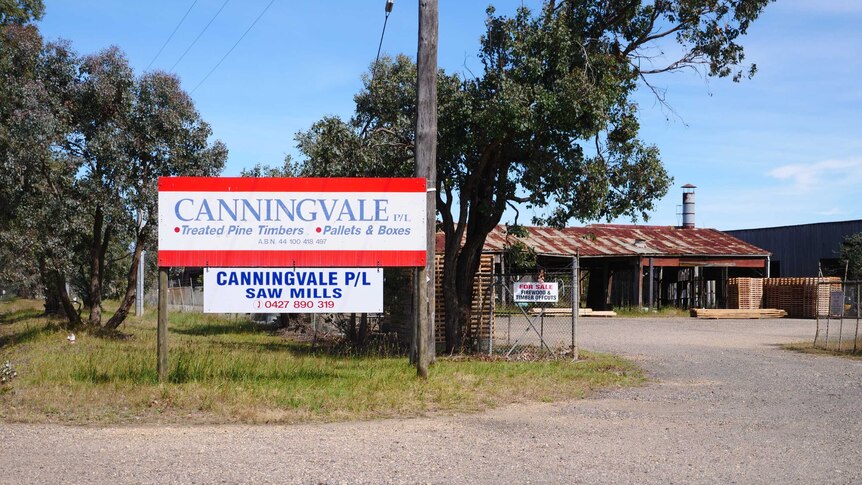 The sign and road leading into the Canningvale mill.