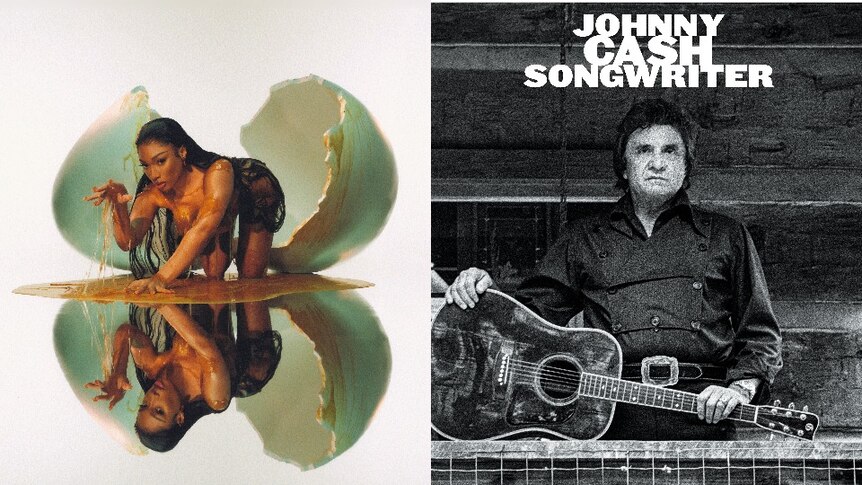A naked Megan Thee Stallion emerges from a human-sized egg, next to a black and white photo of Johnny Cash with a guitar.