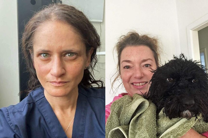 Kerrie Chapman wears her nurse uniform and Amanda Mortensen holds a black dog.
