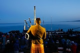 A bagpiper performs during a dawn ceremony at Gallipoli in 2017.