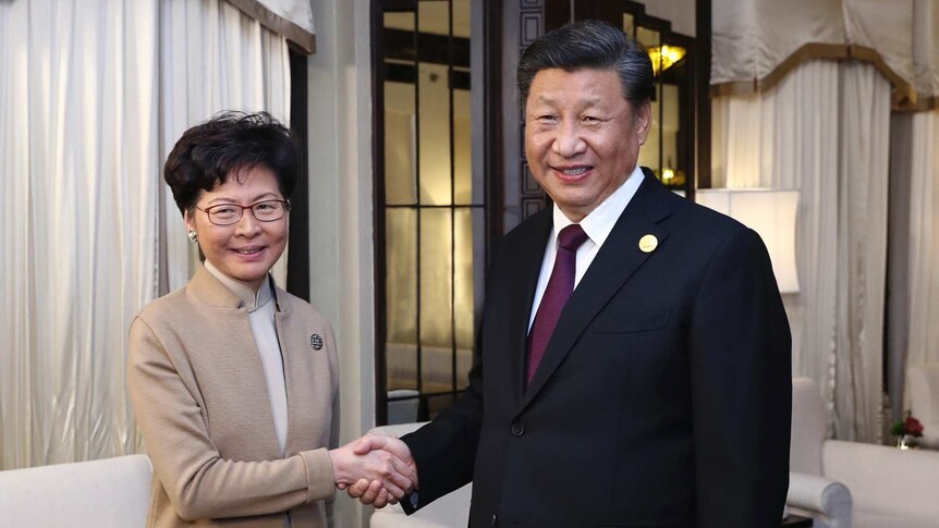 Carrie Lam on left in a light brown dress and jacket, Xi Jinping on right in a black suit, both smiling at camera shaking hands
