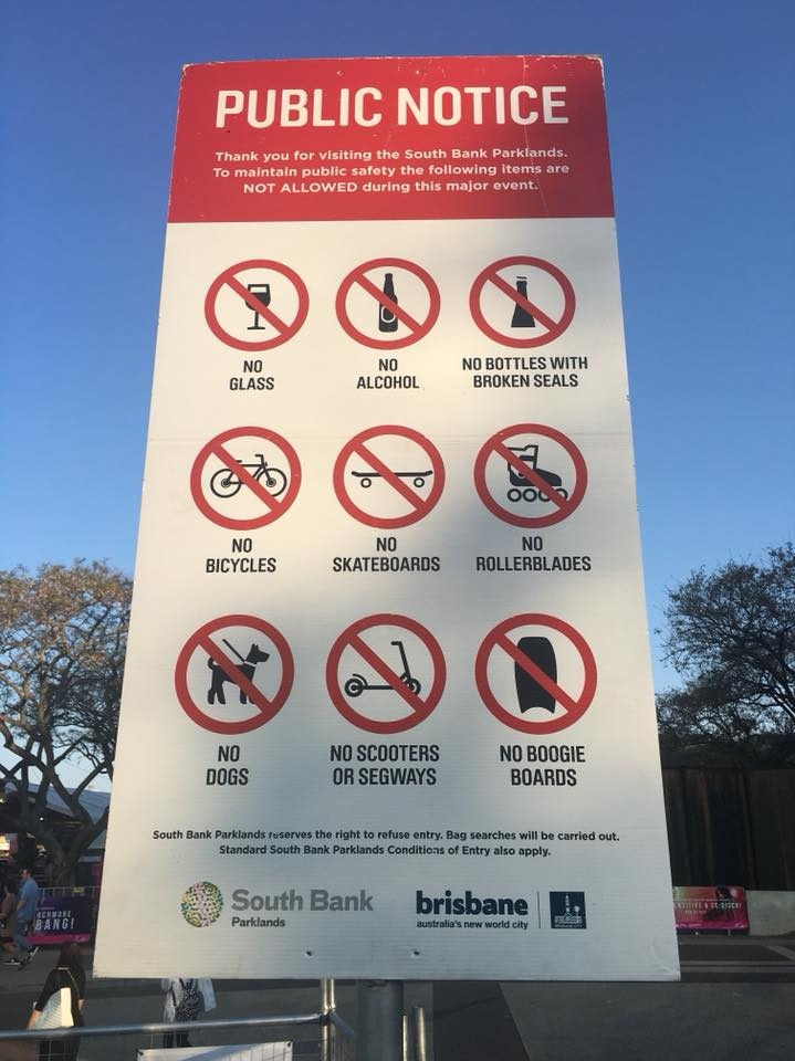 A public notice sign listing a number of items that cannot be brought into South Bank Parklands during Riverfire