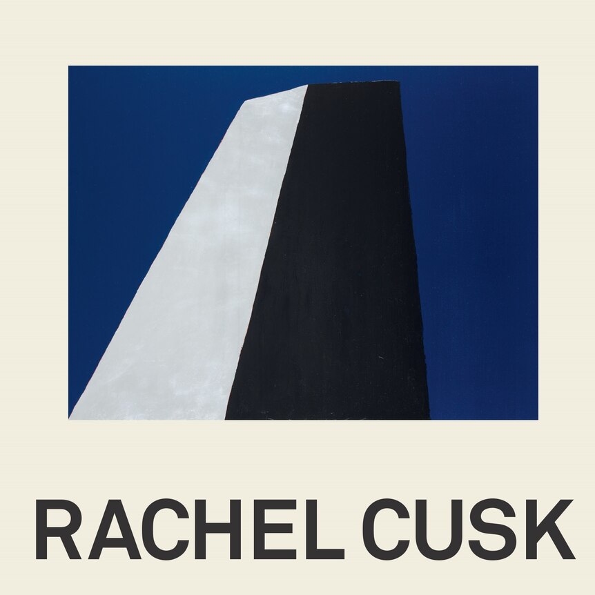 A cream background with an abstract tall grey building and block black letters spell rachel cusk