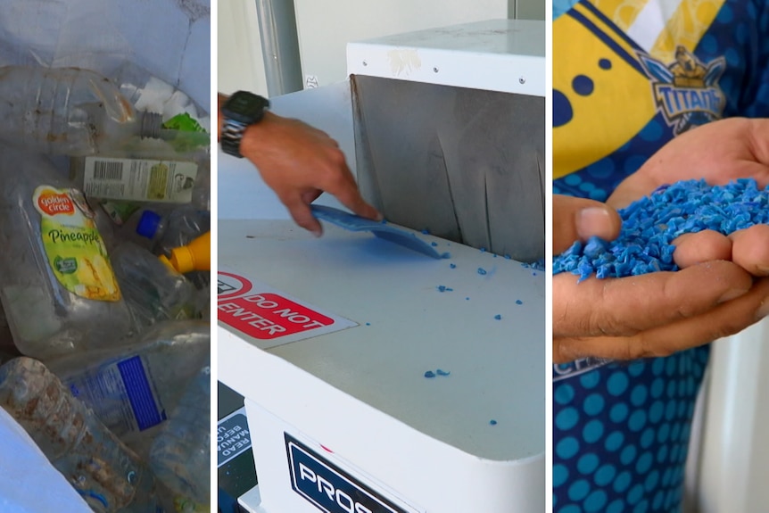 Image contains 3 small images of old plastic bottles in a bin bag, plastic being pushed through a machine and a hand holding pellets