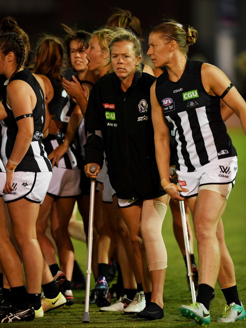 Collingwood's Kate Sheahan on crutches after injuring knee against Western Bulldogs in AFLW round 4.