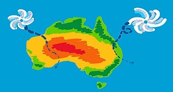 Drawing of Australia with two cyclones.