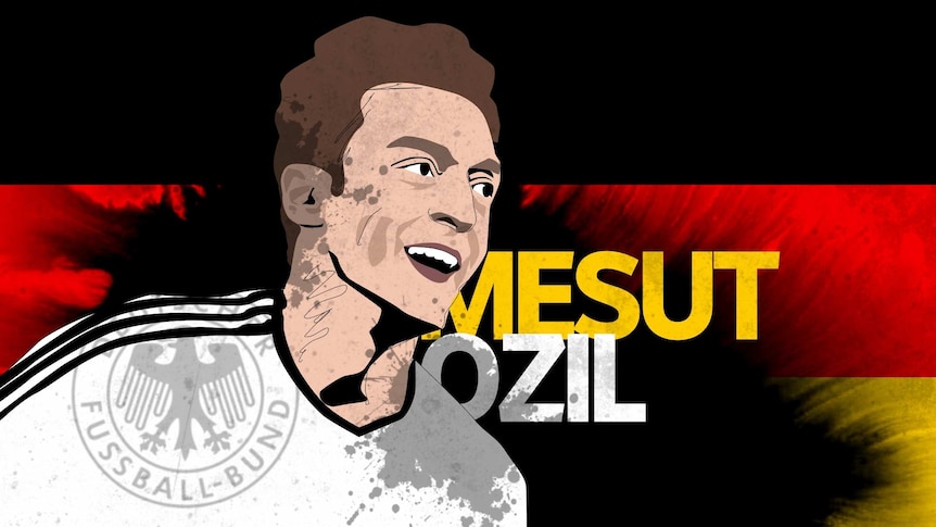 A graphic of Mesut Ozil over the German flag