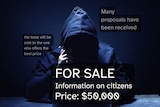 A generic stock photo of a "hacker" superimposed with words like "For Sale, information on citizens, price: $50,000".