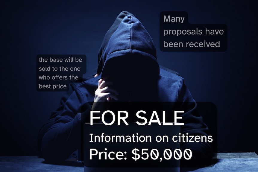 A generic stock photo of a "hacker" superimposed with words like "For Sale, information on citizens, price: $50,000".