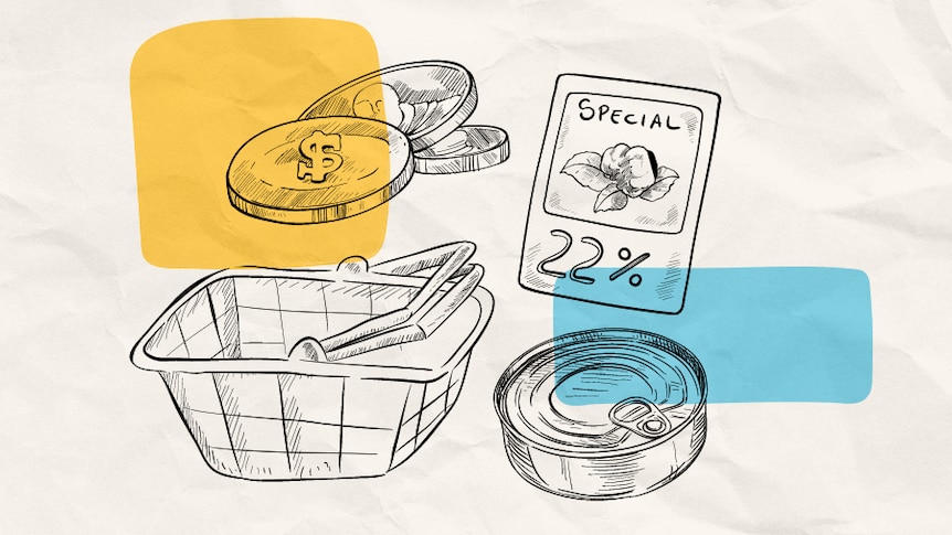 Line art of a shopping cart, canned food, coins and a budget sticker on a colourful background