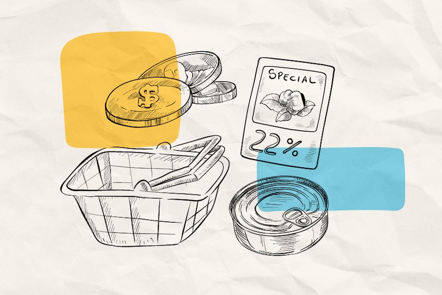 Line art of a shopping cart, canned food, coins and a budget sticker on a colourful background