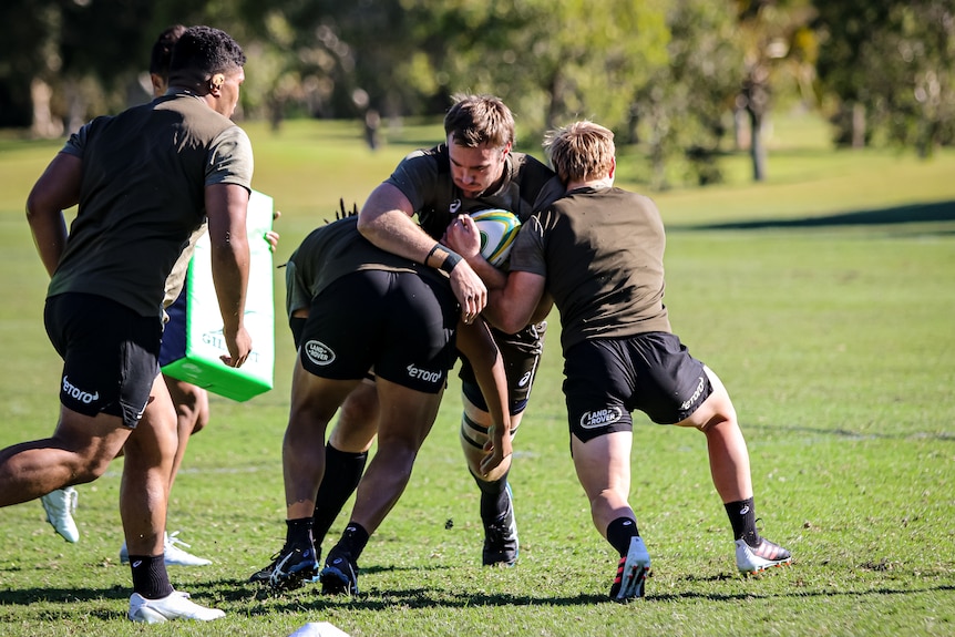 Wallabies players practice a tackle on an oval.
