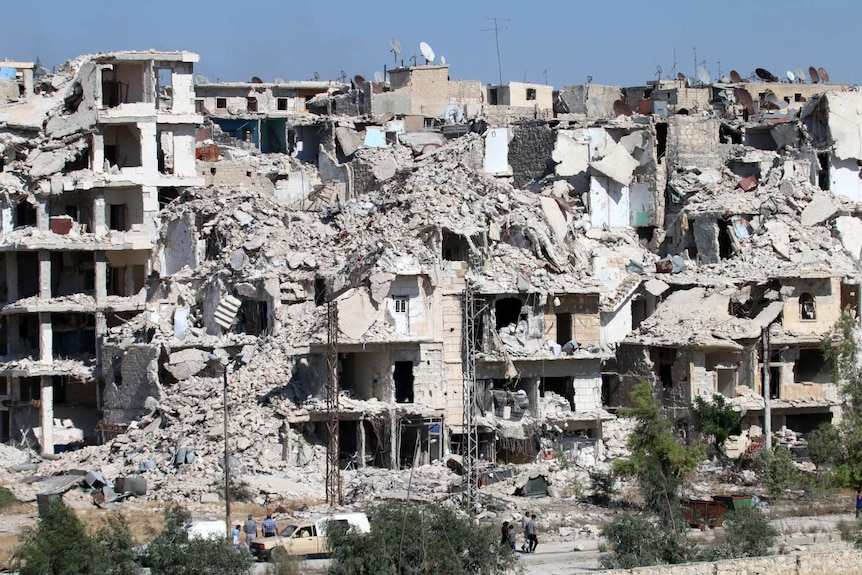 Heavily damaged buildings in the neighbourhood of Bani Zeid