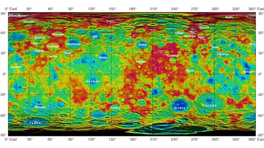 Topographic map showing newly named geological features on the surface of the dwarf planet Ceres.